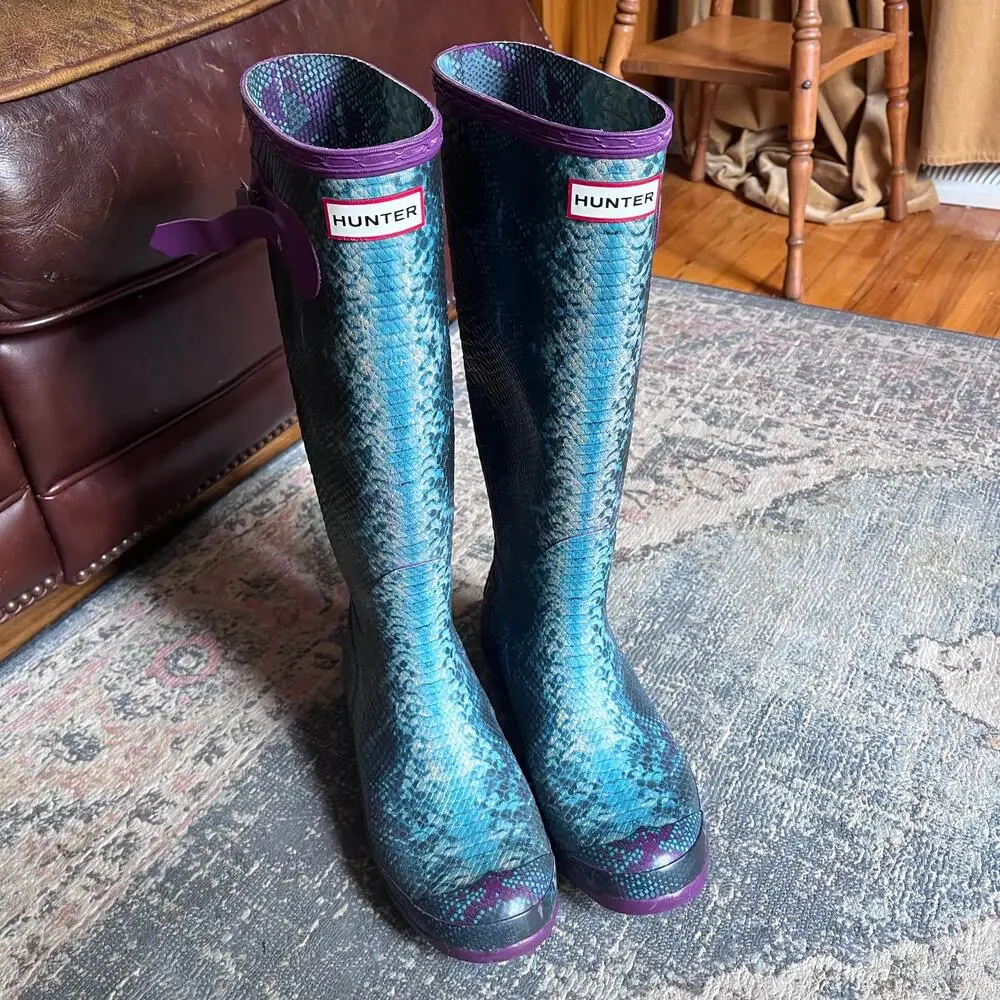Hunter Carnaby Knee High Wellington Boots Snake Print Purple Teal Size Women's 9